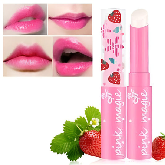 Pink Magic Lip Balm – strawberry-scented, moisturizing, and color-changing for radiant lips.
