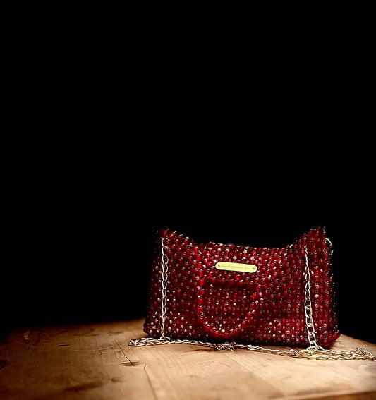 Handmade Red Beaded Bag – Glass Bead Purse for Women | Luxury Handcrafted Party Bag | Stylish Handmade Shoulder Bag
