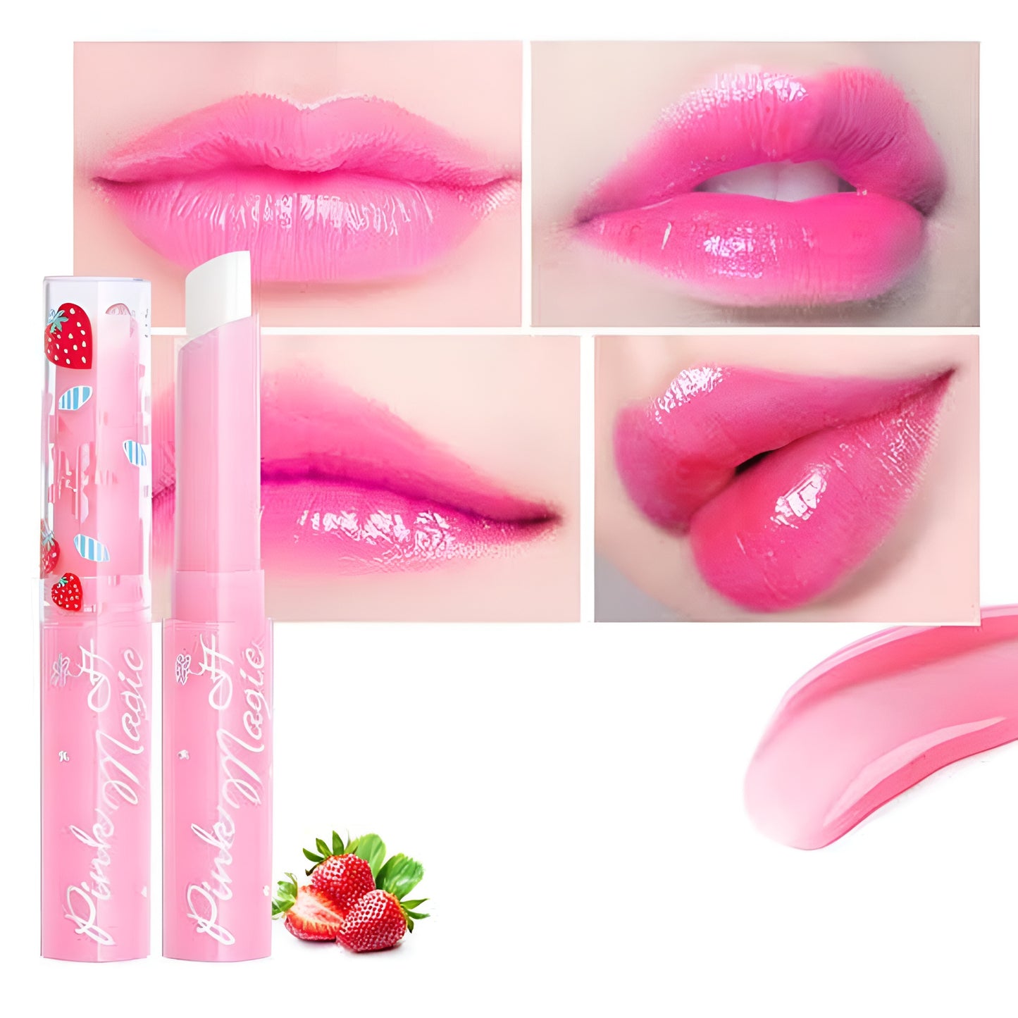 Pink Magic Lip Balm – strawberry-scented, moisturizing, and color-changing for radiant lips.