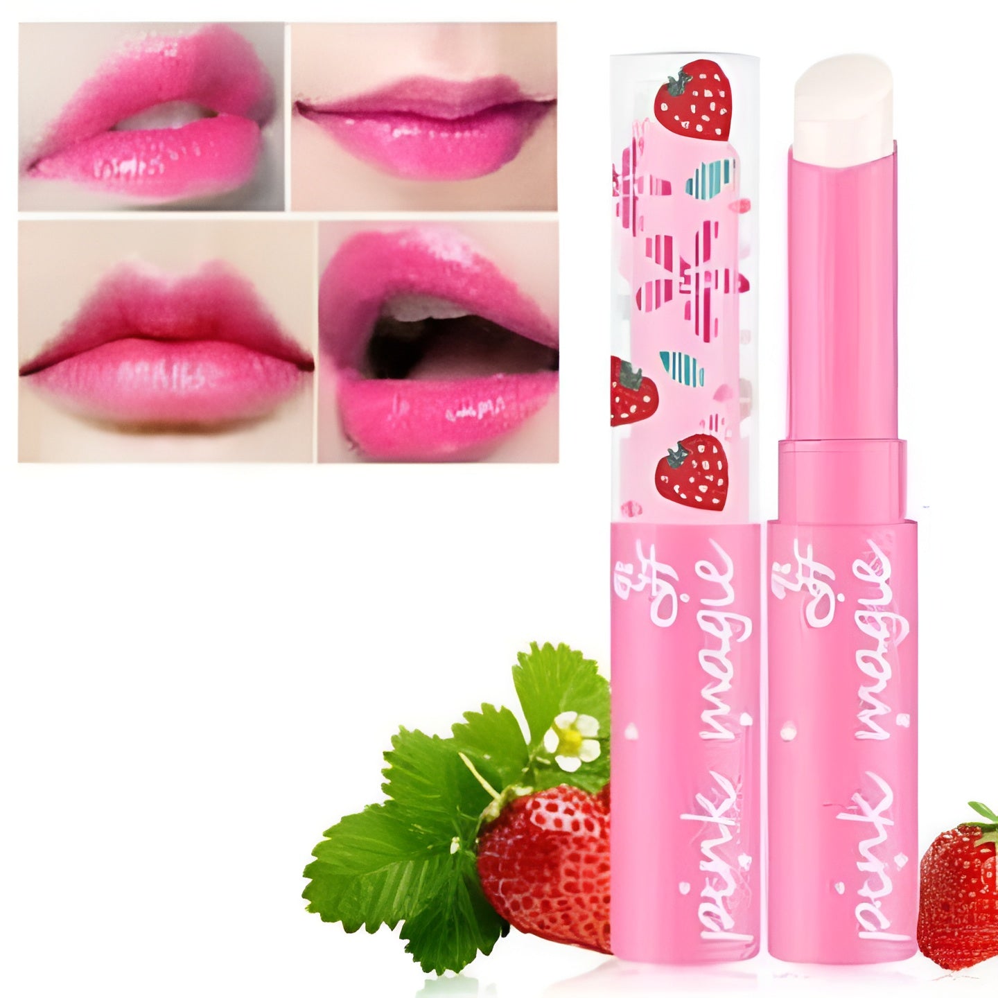 Pink Magic Lip Balm – strawberry-scented, moisturizing, and color-changing for radiant lips.