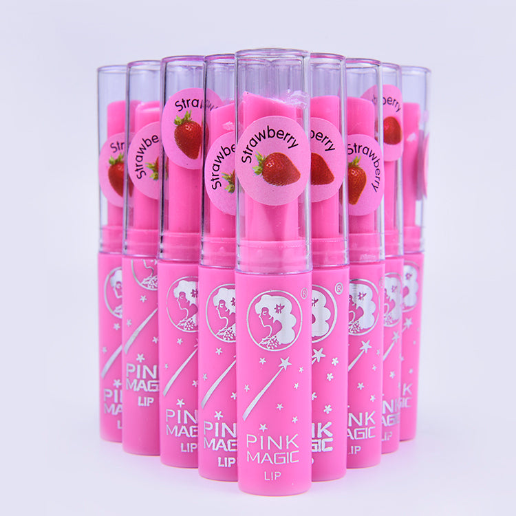 Pink Magic Lip Balm – strawberry-scented, moisturizing, and color-changing for radiant lips.