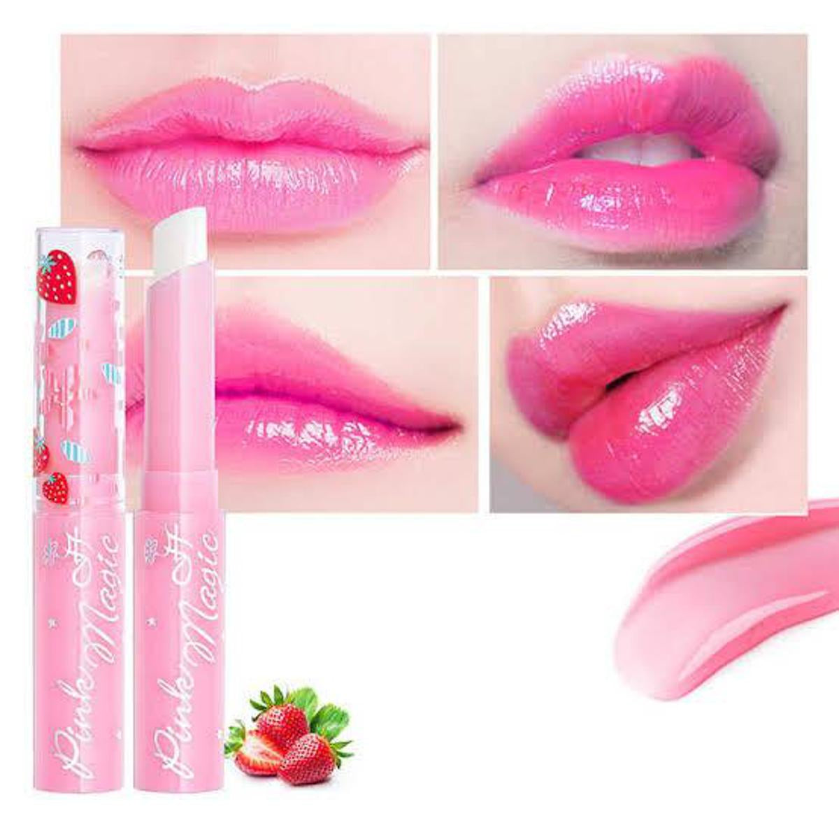 Pink Magic Lip Balm – strawberry-scented, moisturizing, and color-changing for radiant lips.