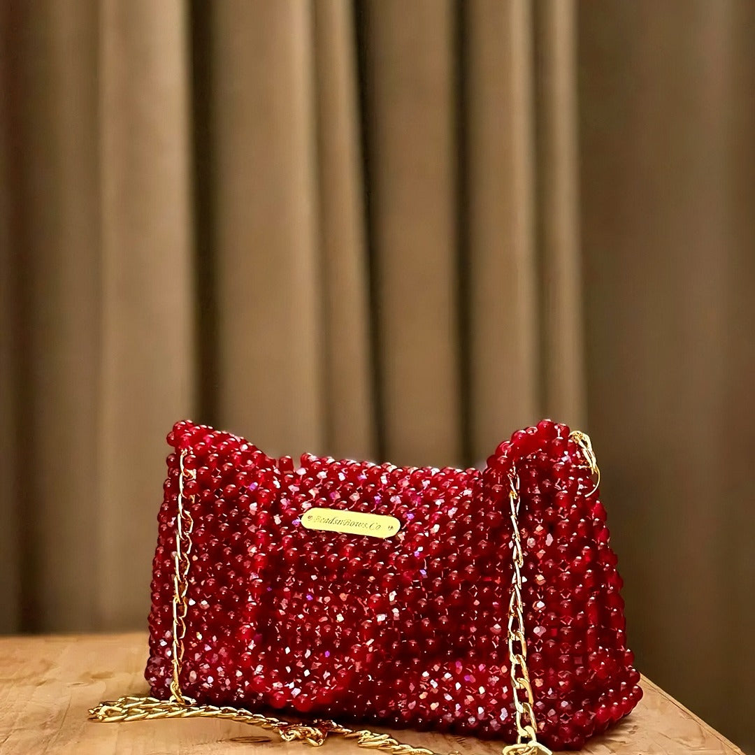 Handmade Red Beaded Bag – Glass Bead Purse for Women | Luxury Handcrafted Party Bag | Stylish Handmade Shoulder Bag