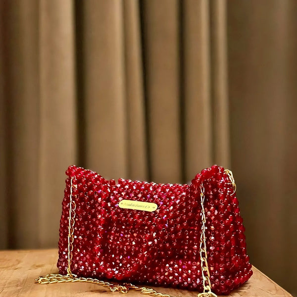 Handmade Red Beaded Bag – Glass Bead Purse for Women | Luxury Handcrafted Party Bag | Stylish Handmade Shoulder Bag