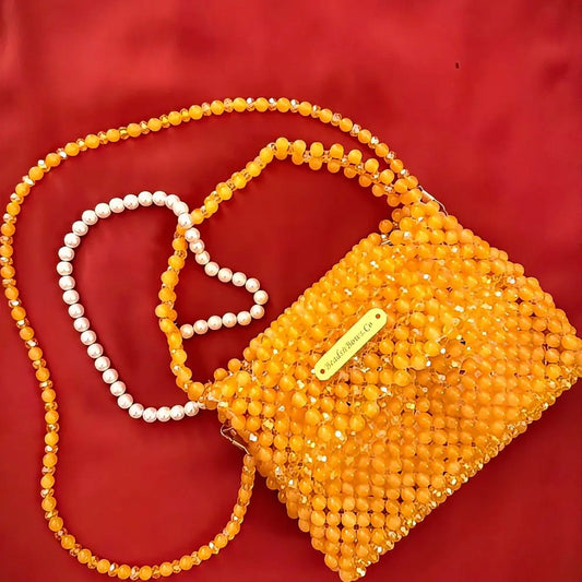 Handmade Beaded Bag – Premium Glass &  Yellow Marble Beads | Luxury Fashion Purse | Elegant Handmade Clutch for Women | Bridal, Party & Casual Use