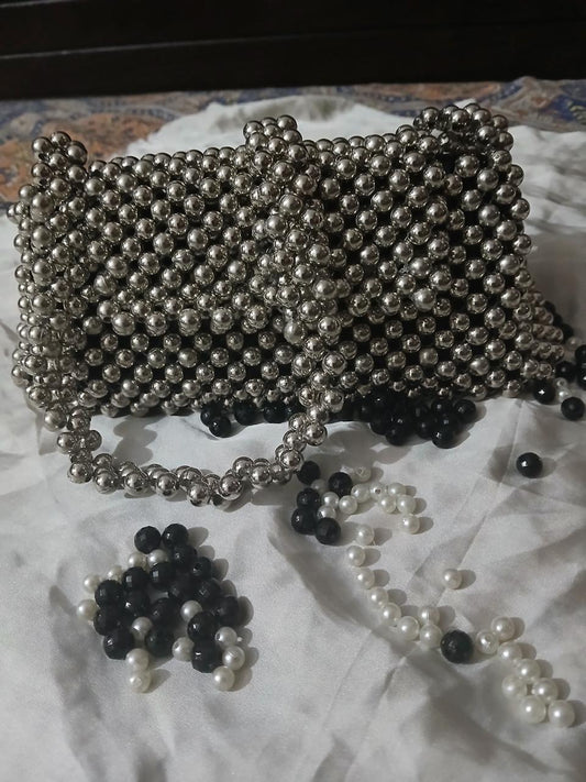 Handmade Beaded Silver Bag | Elegant Designer Beaded Handbag | Unique Party & Wedding Clutch