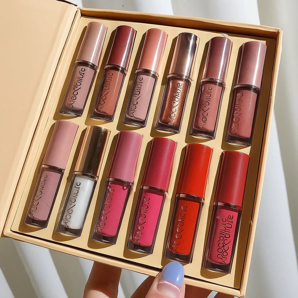 Moc Allure Matte Lip Gloss | Long-Lasting Velvet Finish | Non-Sticky, Waterproof Matte Lip Tint 12 PCs Pack